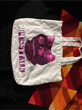 WHITE Tote Bag with Purple Face Print -